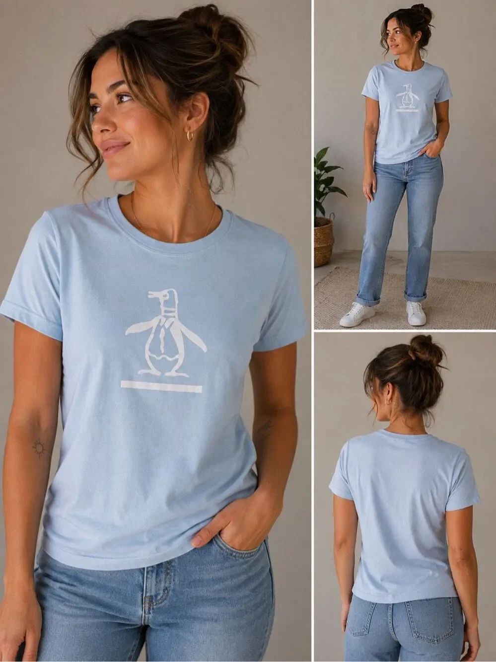 Original Penguin Women’s Graphic Logo T Shirt Light Blue Cotton Size M